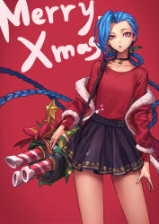 Rule 34 | 1girl, :p, bell, black neckwear, black skirt, blouse, blue hair, braid, candy, candy cane, choker, christmas, collarbone, english text, fingernails, food, gold trim, hair slicked back, high-waist skirt, highres, holly, jacket, jinx (league of legends), league of legends, long hair, long sleeves, looking at viewer, merry christmas, miniskirt, mistletoe, nail polish, neck bell, neck tattoo, no bangs, oopartz yang, pink nails, print skirt, purple eyes, red background, red shirt, shirt, simple background, skirt, skull print, solo, standing, tattoo, thighs, tongue, tongue out, twin braids, very long hair