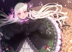Rule 34 | 1girl, :d, beret, black bow, black capelet, black dress, black gloves, black hat, blurry, blurry background, blush, bow, capelet, commentary, depth of field, dress, fate/extra, fate (series), food print, frilled dress, frilled sleeves, frills, from above, fur-trimmed capelet, fur trim, gloves, hair between eyes, hat, hat bow, highres, long hair, long sleeves, looking at viewer, looking up, mushroom print, nursery rhyme (fate), open mouth, print dress, puffy long sleeves, puffy sleeves, purple eyes, sleeves past wrists, smile, solo, striped, striped bow, twitter username, very long hair, white hair, yuzushiro