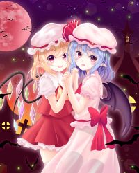 Rule 34 | 2girls, ascot, bat (animal), blonde hair, blue hair, bow, dress, flandre scarlet, frills, halloween, hat, hat bow, mob cap, moon, multiple girls, own hands clasped, own hands together, pointy ears, red ascot, red eyes, red moon, reimei (r758120518), remilia scarlet, sash, short hair, siblings, sisters, touhou, wings, yellow ascot