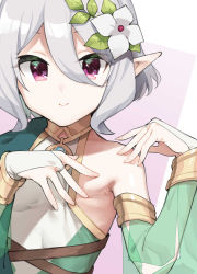 Rule 34 | 1girl, absurdres, breasts, bridal gauntlets, commission, detached sleeves, dress, elf, flower, green dress, grey hair, hair between eyes, hair flower, hair ornament, highres, kokkoro (princess connect!), long sleeves, looking at viewer, muchi maro, pink eyes, pointy ears, princess connect!, puffy long sleeves, puffy sleeves, see-through, see-through sleeves, short hair, single bare shoulder, skeb commission, sleeveless, sleeveless dress, small breasts, smile, solo, two-tone background, two-tone dress, upper body, white dress, white flower