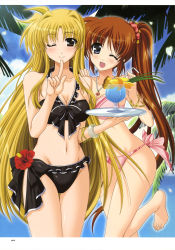 Rule 34 | 00s, 2girls, ;), ;d, absurdres, barefoot, bikini, black bikini, breasts, cleavage, cocktail, cocktail glass, cup, drinking glass, family, fate testarossa, finger to mouth, flower, front-tie top, hibiscus, higa yukari, highres, long hair, lyrical nanoha, mahou senki lyrical nanoha force, mahou shoujo lyrical nanoha, multiple girls, navel, official art, one eye closed, open mouth, pink bikini, scan, side ponytail, smile, swimsuit, takamachi nanoha, tray, very long hair, wink, yuri