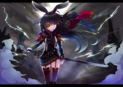 Rule 34 | 1girl, animal ears, belt, belt buckle, black hair, black skirt, buckle, closed mouth, cloud, cloudy sky, cowboy shot, electricity, eyepatch, falken (yutozin), floating hair, garter straps, gloves, highres, holding, holding sword, holding weapon, letterboxed, long hair, long sleeves, looking at viewer, md5 mismatch, military, military uniform, one eye closed, original, pleated skirt, purple eyes, rabbit ears, red thighhighs, resolution mismatch, scarf, serious, sheath, sheathed, skirt, sky, solo, source smaller, standing, sword, thighhighs, uniform, unsheathing, upskirt, weapon, wind
