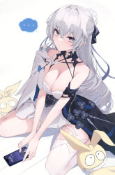 Rule 34 | ..., 1girl, bare shoulders, breasts, bronya zaychik, bronya zaychik (silverwing: n-ex), cellphone, cleavage, commentary, dress, feet out of frame, grey eyes, grey hair, hair between eyes, highres, holding, holding phone, homu (honkai impact), honkai (series), honkai impact 3rd, large breasts, long hair, looking at viewer, phone, ru yan, simple background, single thighhigh, sitting, sleeveless, smartphone, symbol-only commentary, thighhighs, wariza, white background
