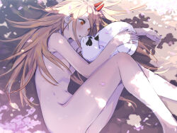 Rule 34 | 1girl, blonde hair, breasts, cat, chainsaw man, commentary request, completely nude, cross-shaped pupils, highres, horns, ikanyoikanikan, long hair, lying, meowy (chainsaw man), messy hair, nude, on side, orange eyes, petals, power (chainsaw man), red horns, small breasts, symbol-shaped pupils, tree shade