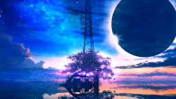 Rule 34 | blue sky, cable, cloud, cloudy sky, commentary request, eclipse, fantasy, glowing, highres, horizon, landscape, light particles, lunar eclipse, moon, night, no humans, ocean, original, reflection, reflective water, scenery, shadow, sky, smile (qd4nsvik), star (sky), starry sky, sunrise, tower, tree