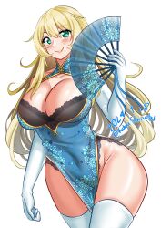 Rule 34 | 1girl, absurdres, aqua dress, atago (kancolle), black bra, blonde hair, bra, breasts, china dress, chinese clothes, cleavage, cleavage cutout, clothing cutout, commentary, cowboy shot, dated, dress, elbow gloves, english commentary, folding fan, gloves, green eyes, hand fan, highres, holding, holding fan, kantai collection, katou shinobu, lace, lace-trimmed bra, lace trim, large breasts, long hair, one-hour drawing challenge, simple background, solo, thighhighs, twitter username, underwear, w, white background, white gloves, white thighhighs