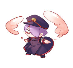 Rule 34 | 1boy, black coat, boku no hero academia, chibi, chikuwa savy, closed mouth, coat, commentary request, frown, full body, hair over one eye, hat, long sleeves, male focus, peaked cap, purple hair, shishikura seiji, short hair, simple background, solo, white background