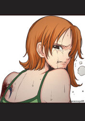 Rule 34 | aosora2823, blood, blood on arm, breath, highres, letterboxed, looking at viewer, looking back, nami (one piece), one piece, orange hair, scene reference, simple background, sweat, teardrop, tears, twitter username, white background