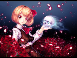Rule 34 | 1girl, ascot, bad id, bad pixiv id, blonde hair, blouse, blurry, chiyu (kumataro0x0), depth of field, flower, glowing, glowing petals, hair ribbon, highres, letterboxed, petals, red ascot, red eyes, ribbon, rumia, shirt, short hair, skirt, skull, smile, solo, standing, touhou, vest, white shirt