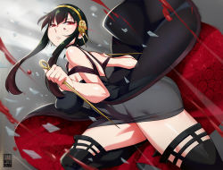 Rule 34 | 1girl, ass, back, bare shoulders, bayeuxman, black dress, black hair, black thighhighs, blood, boots, breasts, closed mouth, crystal, dress, grey background, hairband, highres, large breasts, long hair, red dress, red eyes, see-through, sidelocks, solo, spy x family, thigh boots, thighhighs, thighs, two-tone dress, weapon, yor briar
