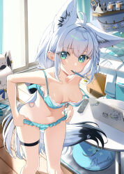 1girl ahoge animal_ear_fluff animal_ears aqua_eyes blue_bra blue_panties bra braid breasts cowboy_shot fox_ears fox_tail frilled_panties frills highres hololive indoors long_hair medium_breasts momone_cco mouth_hold navel open_bra panties shirakami_fubuki side_braid solo tail thigh_strap underwear undressing virtual_youtuber white_hair