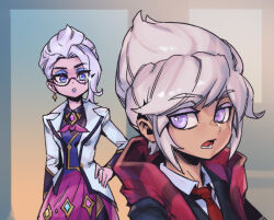 Rule 34 | 1boy, 1girl, academy vladimir, character request, collared shirt, earrings, fiora (league of legends), glasses, grey hair, hand on own hip, headmistress fiora, jacket, jewelry, league of legends, long sleeves, looking at viewer, lower teeth only, neck ribbon, necktie, official alternate costume, open clothes, open jacket, phantom ix row, pink eyes, pink ribbon, pink skirt, red necktie, ribbon, semi-rimless eyewear, shirt, short hair, skirt, teeth, vladimir (league of legends), white jacket, white shirt
