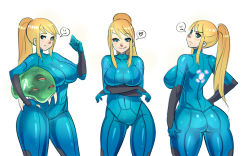 Rule 34 | 1girl, :q, ass, blonde hair, blue eyes, bodysuit, breast hold, breasts, covered navel, crossed arms, curvy, emoticon, from behind, frown, hand on own hip, heart, highres, holding, large breasts, licking lips, long hair, maniacpaint, metroid, metroid (creature), multiple views, naughty face, nintendo, plump, ponytail, samus aran, simple background, skin tight, smile, speech bubble, spoken heart, tongue, tongue out, turnaround, white background, zero suit
