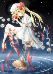 Rule 34 | 1girl, airbrush (medium), apple, bad id, bad pixiv id, blonde hair, colored pencil (medium), darkness, dress, female focus, flandre scarlet, flower, food, fruit, hat, hat ribbon, highres, hourglass, leg ribbon, light particles, namari (angelaqxi), painting (medium), red eyes, red footwear, reflection, ribbon, sash, see-through, shoes, side ponytail, sitting, sitting on object, smile, solo, sparkle, touhou, traditional media, watercolor (medium), waves, white dress, wings