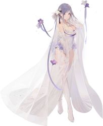 Rule 34 | 1girl, breasts, bridal veil, cleavage, closed mouth, elbow gloves, flower, full body, gloves, hair flower, hair ornament, iron saga, large breasts, leotard, light purple hair, nineo, no shoes, official art, purple eyes, purple flower, see-through, sidelocks, simple background, solo, standing, teresa (iron saga), thighhighs, transparent background, veil, white flower, white gloves, white thighhighs