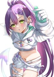 Rule 34 | 1girl, breasts, colored inner hair, demon girl, demon tail, demon wings, ear piercing, gradient hair, green eyes, high ponytail, highres, hip tattoo, hololive, knee pads, long hair, looking at viewer, medium breasts, multicolored hair, navel, navel piercing, nyuyosuke o shigoto boshuuchu, official alternate costume, official alternate hairstyle, piercing, pink hair, pointy ears, ponytail, pouch, purple hair, short shorts, shorts, solo, strapless, streaked hair, tail, tattoo, thigh pouch, thigh strap, tokoyami towa, tokoyami towa (5th costume), tube top, very long hair, virtual youtuber, white background, white hair, white shorts, white tube top, wings