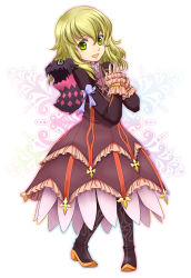 Rule 34 | 1girl, blonde hair, boots, bow, creature, cropped jacket, dress, elize lutus, frills, full body, green eyes, micha (chaho), purple footwear, ribbon, short hair, smile, tales of (series), tales of xillia, teepo (tales)
