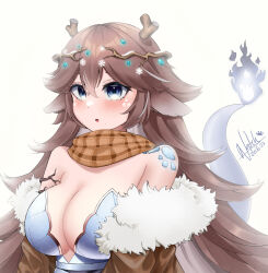 Rule 34 | 1girl, absurdres, aqua eyes, blush, breasts, brown hair, cleavage, commentary, dated, dragon tail, english commentary, fiery tail, fur trim, highres, indie virtual youtuber, large breasts, long hair, mole, mole under eye, natch imaycz, open mouth, signature, simple background, solo, sugi aoki, tail, upper body, virtual youtuber, white background