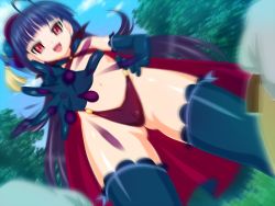Rule 34 | blurry, breasts, cape, censored, futawitch, highres, long hair, midriff, potato house, purple hair, red eyes, thighhighs
