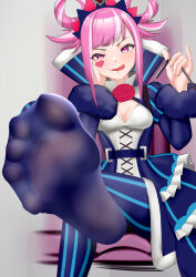 Rule 34 | 1girl, absurdres, blush, crossed legs, dyamond, feet, fire emblem, fire emblem engage, hand on own cheek, hand on own face, highres, hortensia (fire emblem), licking lips, long hair, looking at viewer, nintendo, pink eyes, pink hair, see-through, see-through legwear, sitting, soles, toes, tongue, tongue out