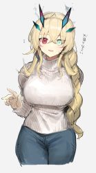 Rule 34 | 1girl, blonde hair, blush, braid, braided ponytail, breasts, barghest (fate), fate/grand order, fate (series), green eyes, hair between eyes, heterochromia, horns, large breasts, long hair, red eyes, solo, sweater, tan (inka), white sweater
