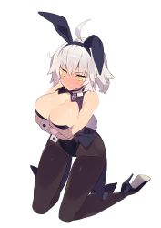 Rule 34 | 1girl, ahoge, alternate costume, animal ears, bare shoulders, black leotard, black pantyhose, breast hold, breasts, cleavage, commentary request, detached collar, embarrassed, fake animal ears, fate/grand order, fate (series), hair between eyes, hajime (hajime-ill-1st), high heels, highres, jeanne d&#039;arc (fate), jeanne d&#039;arc alter (avenger) (fate), jeanne d&#039;arc alter (fate), kneeling, large breasts, leotard, looking at viewer, pantyhose, playboy bunny, rabbit ears, rabbit tail, silver hair, simple background, smile, solo, tail, wavy mouth, white background, wrist cuffs, yellow eyes