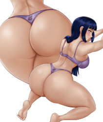 Rule 34 | 1girl, ass, ass focus, back, blunt bangs, blush, bra, breasts, feet, highres, huge ass, hyuuga hinata, large breasts, long hair, naruto (series), naruto shippuuden, purple bra, purple eyes, purple hair, smile, solo, thelorope, thick thighs, thighs, thong, underwear, white background, wide hips