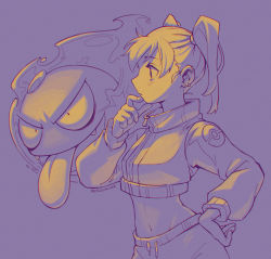 Rule 34 | 1girl, artist name, creatures (company), cropped jacket, ear piercing, game freak, gastly, gen 1 pokemon, hair behind ear, hand on own hip, highres, midriff, monochrome, navel, nintendo, original, pants, piercing, poke ball symbol, pokemon, pokemon (creature), purple theme, sweatpants, thinking, tongue, tongue out, twintails, v-shaped eyes, vincent (recyclevin exe)