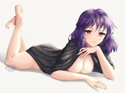 Rule 34 | 1girl, absurdres, artist name, barefoot, black cape, braid, breasts, cape, cleavage, closed mouth, fault, hair between eyes, highres, long hair, lying, medium breasts, naked cape, on stomach, purple eyes, purple hair, ritona reighnvhasta, ryuuneart, single braid, smile, soles, solo, the pose, white background