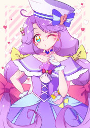 Rule 34 | 1girl, absurdres, aqua eyes, blue bow, bow, brown eyes, capelet, cowboy shot, cure coral, dress, facial mark, fingerless gloves, gloves, hair bow, hand on own hip, hat, heart, heart background, heart facial mark, heart in eye, highres, long hair, looking at viewer, magical girl, multiple hair bows, one eye closed, parted bangs, pink bow, precure, purple capelet, purple dress, purple hair, rito., sailor hat, solo, striped, striped background, striped bow, suzumura sango, symbol in eye, tropical-rouge! precure, twintails, v, white gloves, white hat, yellow bow