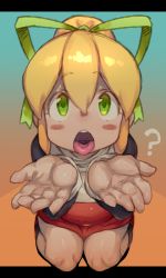 Rule 34 | 1girl, ?, blonde hair, blush, collagen, covered navel, cupping hands, dress, female focus, full body, gradient background, green eyes, green ribbon, hair ribbon, long hair, looking at viewer, mega man (classic), mega man (series), open mouth, oral invitation, own hands together, ponytail, red dress, red skirt, ribbon, roll (mega man), sexually suggestive, simple background, skirt, solo, teeth, tongue, tongue out, upper teeth only
