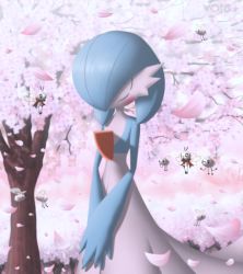 Rule 34 | + +, 1girl, ^ ^, absurdres, alternate color, artist name, black eyes, blue hair, blue skin, blush, blush stickers, bob cut, cherry blossoms, closed eyes, colored skin, cowboy shot, creatures (company), cutiefly, day, female focus, flat chest, flower, game freak, gardevoir, gen 3 pokemon, gen 7 pokemon, hair over one eye, happy, head down, highres, multicolored skin, nintendo, one eye covered, open mouth, outdoors, own hands together, petals, pink background, pink flower, pokemon, pokemon (creature), ribombee, shiny pokemon, short hair, smile, solo focus, standing, tree, two-tone skin, u u, v arms, void (starvoid7), watermark, white skin