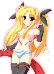 Rule 34 | 00s, blonde hair, fate testarossa, johnny (from scratch), long hair, lyrical nanoha, mahou shoujo lyrical nanoha, mahou shoujo lyrical nanoha a&#039;s, nipples, no bra, panties, red eyes, ribbon, solo, striped clothes, striped panties, thighhighs, twintails, underwear