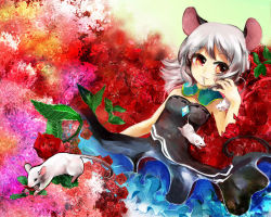 Rule 34 | 1girl, adapted costume, animal ears, bad id, bad pixiv id, bare shoulders, blue dress, breasts, chidori nekoro, detached collar, dress, flower, grey dress, grey hair, hand in own hair, jewelry, layered dress, looking to the side, mouse (animal), mouse ears, mouse tail, mouth hold, nazrin, orange eyes, pendant, petals, pink flower, pink rose, red flower, red rose, rose, rose petals, short hair, small breasts, smile, solo, strapless, strapless dress, tail, touhou
