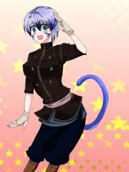 Rule 34 | 1other, animal ears, blue eyes, blush, boots, fire emblem, fire emblem: radiant dawn, gender request, genderswap, gloves, gradient background, grey hair, kyza, nagisa0, nintendo, open mouth, solo, tail, tiger ears, tiger tail