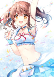 Rule 34 | 1girl, :d, arm up, armpits, bare arms, bare shoulders, blue choker, breasts, brooch, brown hair, choker, cowboy shot, crop top, frilled shirt, frills, hand up, highres, idolmaster, idolmaster cinderella girls, jewelry, long hair, looking at viewer, midriff, miniskirt, navel, ogata chieri, open mouth, orange eyes, shirt, skirt, sleeveless, sleeveless shirt, small breasts, smile, solo, stomach, suimya, twintails, white shirt, wrist cuffs