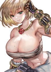 Rule 34 | 1girl, black gloves, blonde hair, breasts, cleavage, closed mouth, commentary request, earrings, gauntlets, gloves, hair between eyes, hand in own hair, huge breasts, jewelry, looking at viewer, misuguu, mole, mole on breast, navel, necklace, pants, ragnarok online, sarashi, short hair, simple background, solo, sura (ragnarok online), toned, upper body, white background, white pants