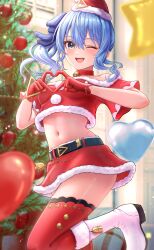 Rule 34 | 1girl, :d, absurdres, alternate costume, bare shoulders, bell, belt, black belt, blue eyes, blue hair, blush, boots, breasts, christmas, christmas ornaments, christmas tree, collar, cropped shirt, fur-trimmed boots, fur-trimmed headwear, fur-trimmed shirt, fur-trimmed skirt, fur trim, gloves, hair between eyes, hair ribbon, hat, heart, heart hands, highres, hololive, hoshimachi suisei, jingle bell, knee boots, long hair, looking at viewer, midriff, navel, neck bell, off-shoulder shirt, off shoulder, one eye closed, open mouth, red collar, red gloves, red hat, red shirt, red skirt, red thighhighs, ribbon, santa hat, shirt, side ponytail, skirt, small breasts, smile, solo, standing, standing on one leg, star (symbol), star in eye, symbol in eye, teeth, thighhighs, thighs, upper teeth only, virtual youtuber, wajuniorbox, white footwear
