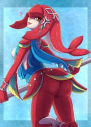 Rule 34 | 1girl, absurdres, ass, blush, breasts, evowo, from behind, from below, heart, highres, huge ass, looking at viewer, looking back, medium breasts, mipha, nintendo, polearm, shiny skin, sideboob, smile, solo, spear, the legend of zelda, the legend of zelda: breath of the wild, weapon, yellow eyes, zora