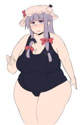 Rule 34 | 1girl, bare shoulders, blush, bow, breasts, cleavage, cowboy shot, fat, hair bow, hat, highres, huge breasts, long hair, looking at viewer, mob cap, nengorogoro, one-piece swimsuit, patchouli knowledge, purple eyes, purple hair, rolling eyes, solo, sweat, swimsuit, thick arms, touhou