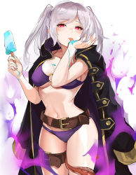 Rule 34 | 1girl, belt, belt buckle, bikini, black coat, breasts, buckle, coat, commentary request, dark persona, evil smile, fire, fire emblem, fire emblem awakening, fire emblem heroes, food, gloves, grima (fire emblem), hip focus, hood, hood down, ice cream, large breasts, licking, long hair, looking at viewer, navel, nintendo, ormille, popsicle, purple bikini, purple fire, red eyes, robe, robin (female) (fire emblem), robin (fire emblem), simple background, smile, solo, swimsuit, tentacles, thigh strap, thighs, tongue, tongue out, twintails, white background, white hair
