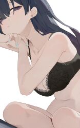 Rule 34 | 1girl, aqua nails, black bra, black hair, bra, breasts, collarbone, commentary request, fingernails, highres, hiroki (yyqw7151), large breasts, long hair, looking at viewer, nail polish, navel, original, purple eyes, simple background, sitting, solo, underwear, white background
