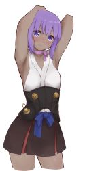 Rule 34 | 1girl, armpits, arms up, bare arms, bare shoulders, black skirt, blue bow, blush, bow, breasts, closed mouth, cosplay, cowboy shot, cropped legs, dark-skinned female, dark skin, fate/prototype, fate/prototype: fragments of blue and silver, fate (series), hair between eyes, hassan of serenity (fate), highres, i.u.y, japanese clothes, kimono, koutetsujou no kabaneri, mumei (kabaneri), mumei (kabaneri) (cosplay), pleated skirt, purple eyes, purple hair, simple background, skirt, sleeveless, sleeveless kimono, small breasts, smile, solo, white background, white kimono