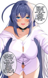 Rule 34 | 1girl, absurdres, azur lane, black choker, blue eyes, borrowed clothes, breasts, button gap, choker, english text, highres, large breasts, leaning forward, long hair, looking at viewer, new jersey (azur lane), open mouth, purple hair, second-party source, shirt, simple background, solo, speech bubble, talking, talking, toy bits, very long hair, white background, white shirt