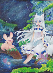 Rule 34 | animal ears, blue eyes, bow, bug, butterfly, creature, dress, insect, long hair, mosho, oil painting (medium), open mouth, original, painting (medium), sitting, smile, solo, traditional media, water, white hair