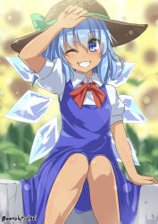 Rule 34 | 1girl, aqua hair, blue eyes, blush, bow, cirno, dark-skinned female, dark skin, dress, grin, hat, hat bow, hidden star in four seasons, holding, holding clothes, holding hat, ice, ice wings, neck ribbon, one eye closed, pinafore dress, red bow, ribbon, short hair, sitting, sleeveless dress, smile, solo, tan, tanned cirno, touhou, twitter username, umarutsufuri, wings