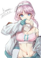 Rule 34 | 1girl, absurdres, arknights, bare shoulders, blue eyes, blue poison (arknights), blue poison (shoal beat) (arknights), braid, breasts, commentary request, crop top, hairband, highres, jacket, kuromu, large breasts, long hair, looking at viewer, midriff, navel, off shoulder, open clothes, open jacket, pink hair, simple background, solo, spaghetti strap, sports bra, stomach, upper body, white background, white hairband, white jacket