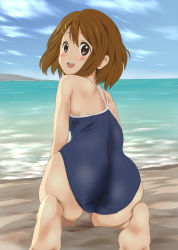 Rule 34 | 1girl, ass, barefoot, brown eyes, brown hair, competition school swimsuit, day, feet, from behind, highres, hirasawa yui, k-on!, keisuke (0320030103200301), looking back, one-piece swimsuit, outdoors, school swimsuit, short hair, soles, solo, squatting, swimsuit
