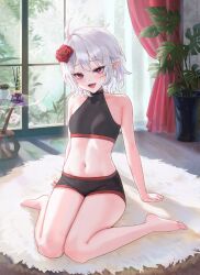 Rule 34 | 1girl, :d, bare shoulders, barefoot, breasts, fang, flower, hair flower, hair ornament, highres, merumeko, navel, open mouth, original, plant, pointy ears, potted plant, purple eyes, short hair, shorts, sitting, small breasts, smile, solo, wariza, white hair
