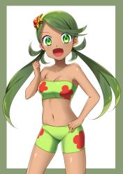 Rule 34 | 1girl, :d, absurdres, bare arms, bare legs, bare shoulders, bikini, border, breasts, cleavage, clenched hand, collarbone, creatures (company), dark-skinned female, dark skin, female focus, floral print, game freak, gen 1 pokemon, green bikini, green border, green eyes, green hair, green tube top, hair ornament, hand on own hip, hand up, happy, highres, legs, legs apart, long hair, looking at viewer, low twintails, mallow (pokemon), medium breasts, navel, neck, nintendo, open mouth, pokemon, pokemon (anime), pokemon (creature), pokemon hair ornament, pokemon sm, shiny skin, simple background, smile, solo, standing, staryu, strapless, strapless bikini, swimsuit, tube top, twintails, white background, yuihico